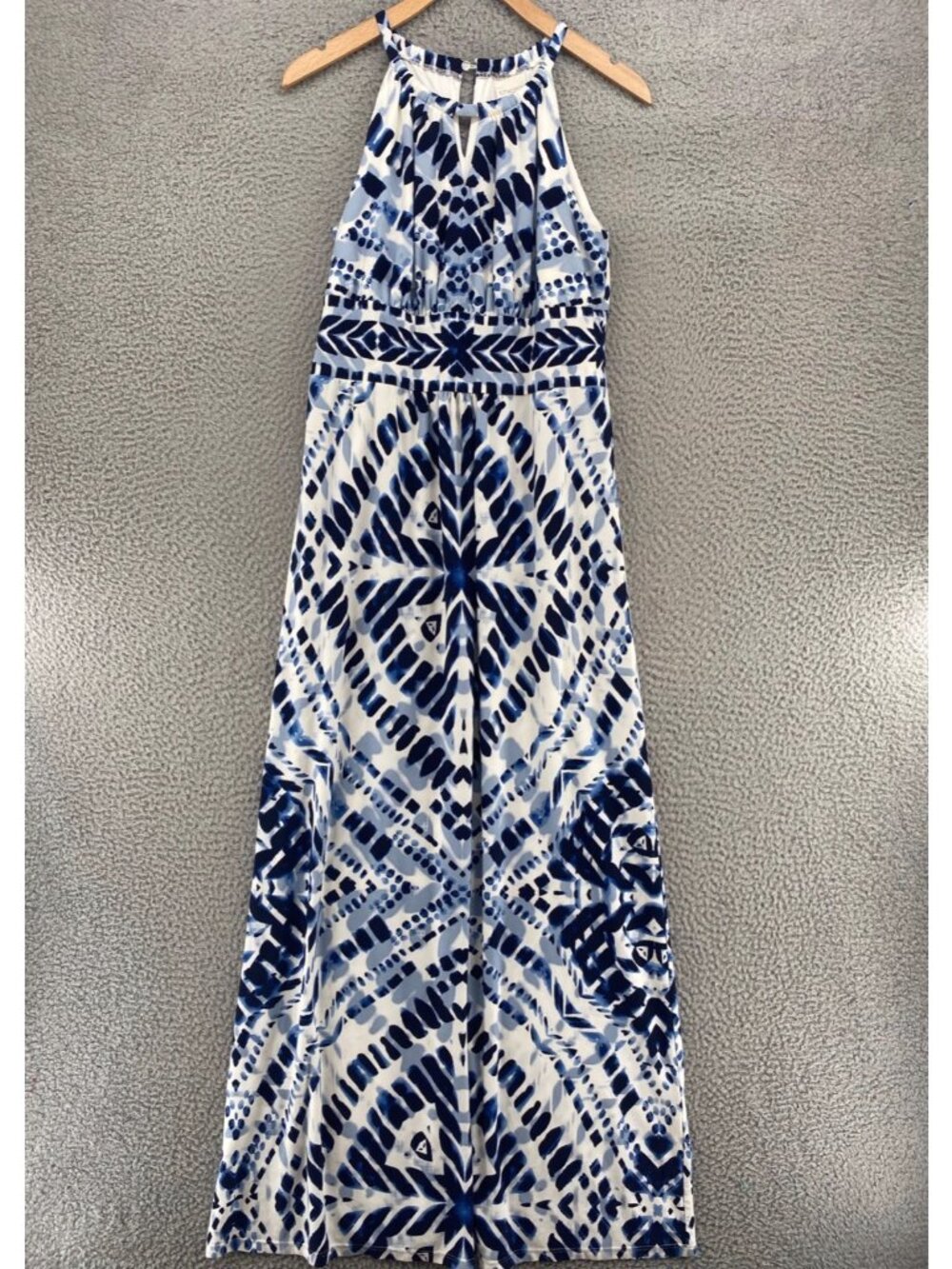 Chicos Dress Womens 0 US Small Blue Diamond Tie Dye Maxi Halter Keyhole Jersey